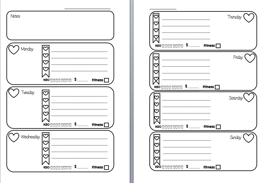 Week on Two Pages Filofax Inserts Printable (Hearts Checklist With Tracker) | Wendaful Planning