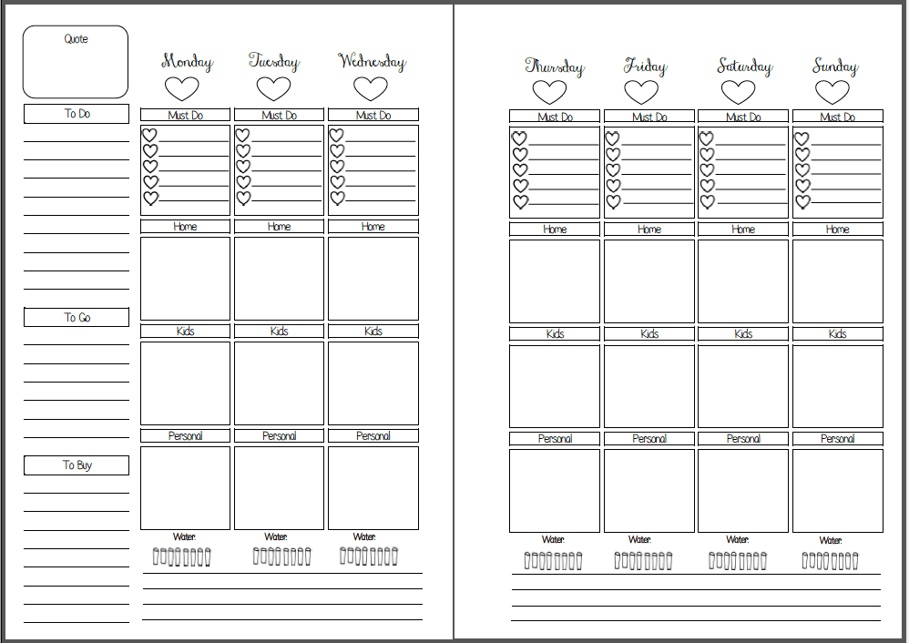 Personal Wide Rachels Weekly Agenda Week on 2 Pages, Minimal Design,  Printable Insert 