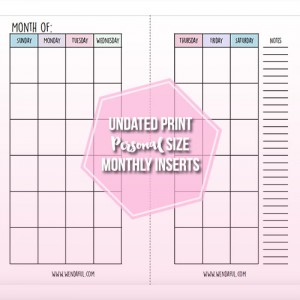 PRINTABLE Personal Size Undated Monthly Calendar Refills Cute 