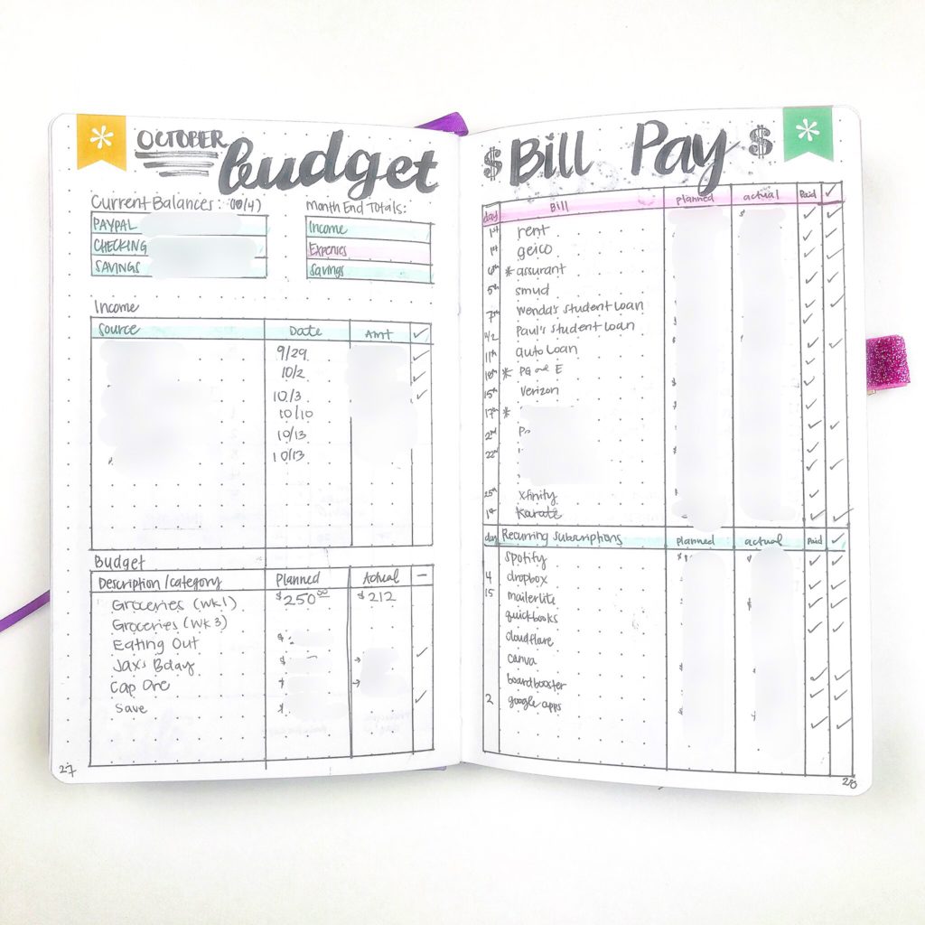 bullet journal bill pay and budget