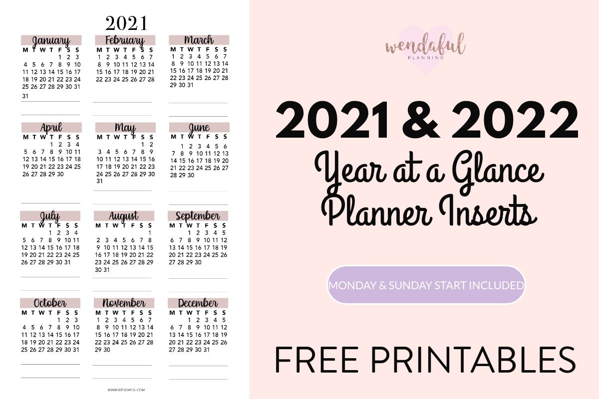 2021 2022 Year At A Glance Planner Inserts Wendaful Planning
