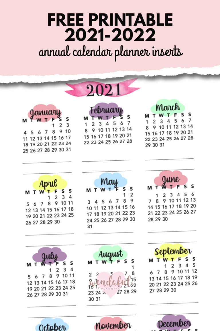Free Printable 2021-2022 Colorful Pastel Clouds Annual Calendar Inserts