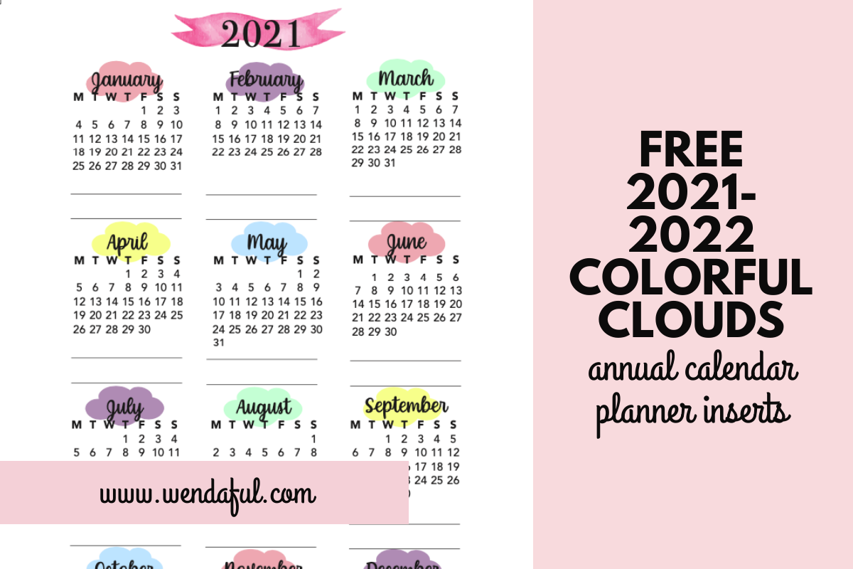 Free Printable 21 22 Colorful Pastel Clouds Annual Calendar Inserts Wendaful Planning