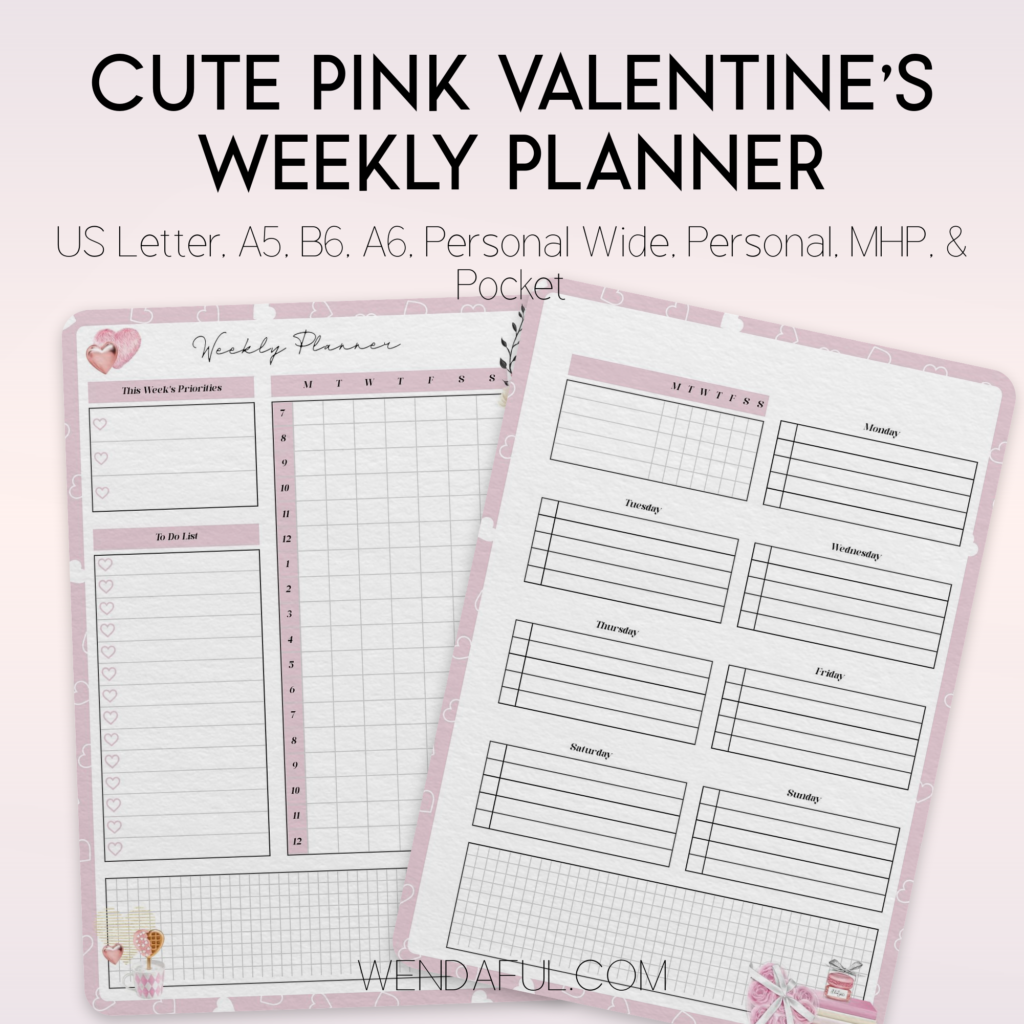 pink hearts weekly planner