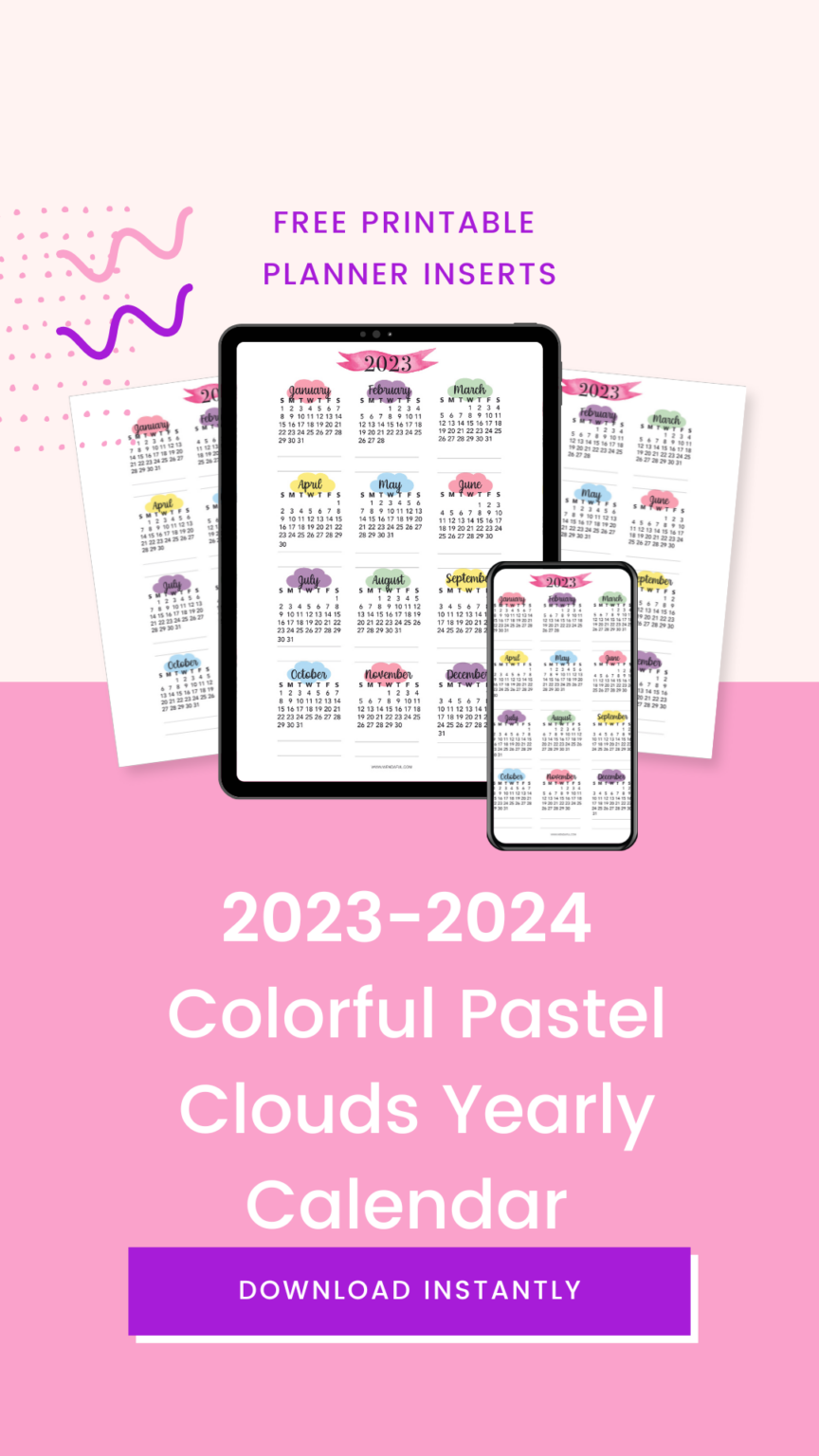 Free Printable 20232024 Colorful Pastel Clouds Annual Calendar Inserts